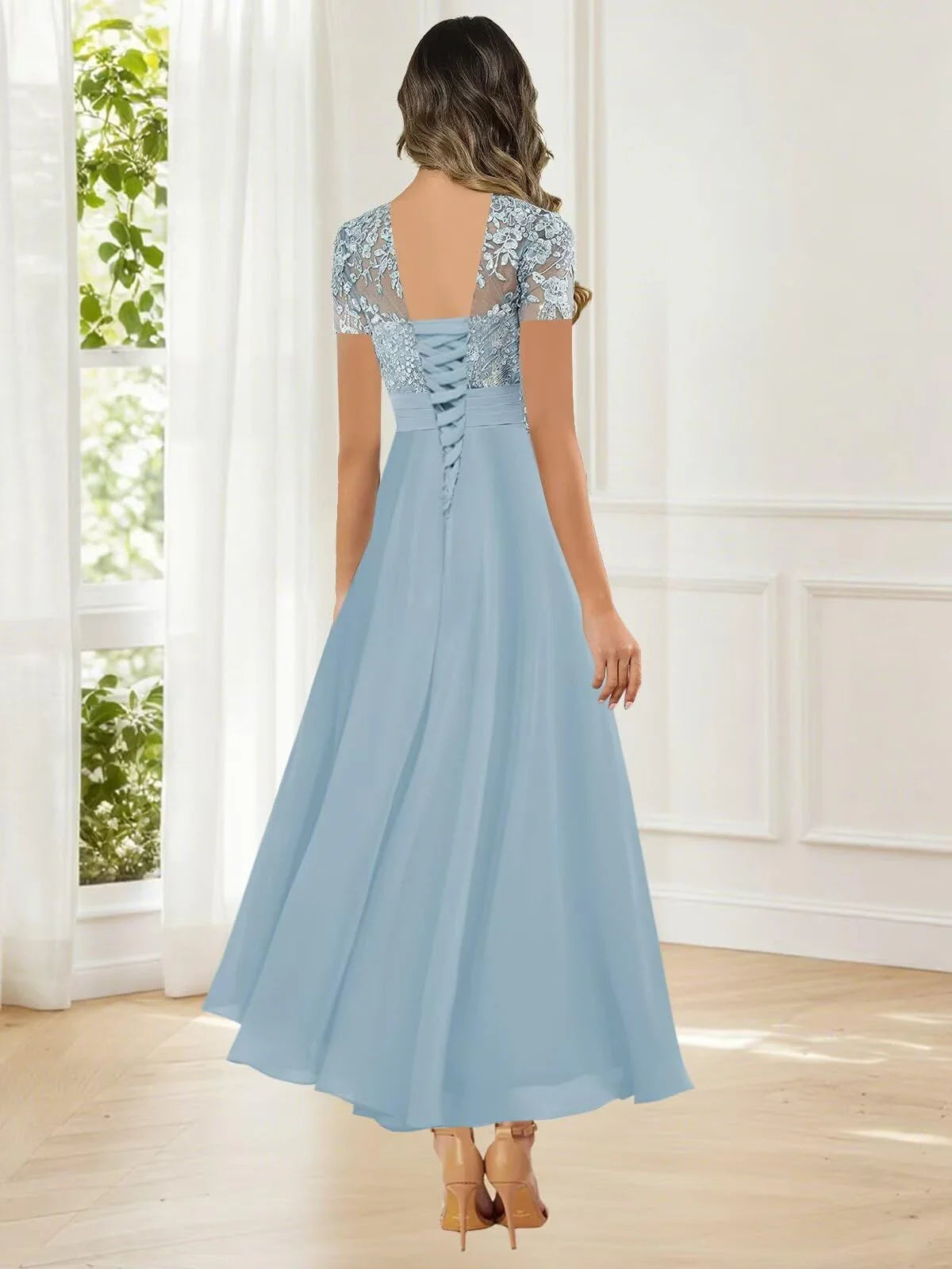 Elegant Lace Yoke Short-Sleeve Lace-Up Back Maxi Mother Of The Bride Dress