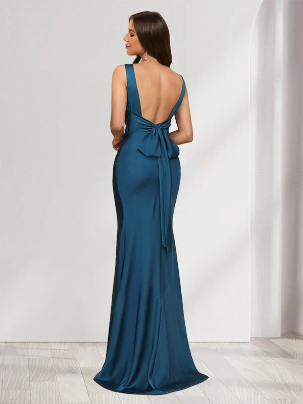 Elegant Mermaid Cowl-Neck Sleeveless-Bow-Open-Back Teal Satin Floor-Length Prom Dresses