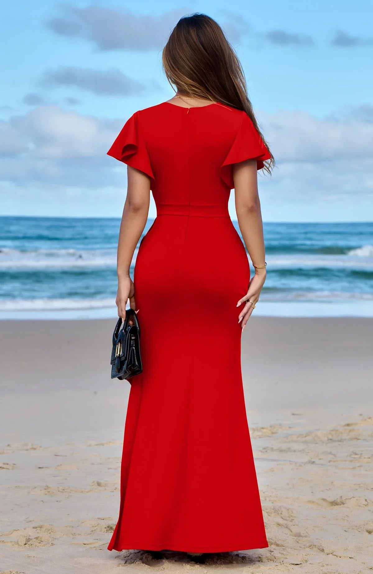 Elegant Mermaid Crew-Neck Ruffled-Sleeve High-Slit Maxi Evening Dress