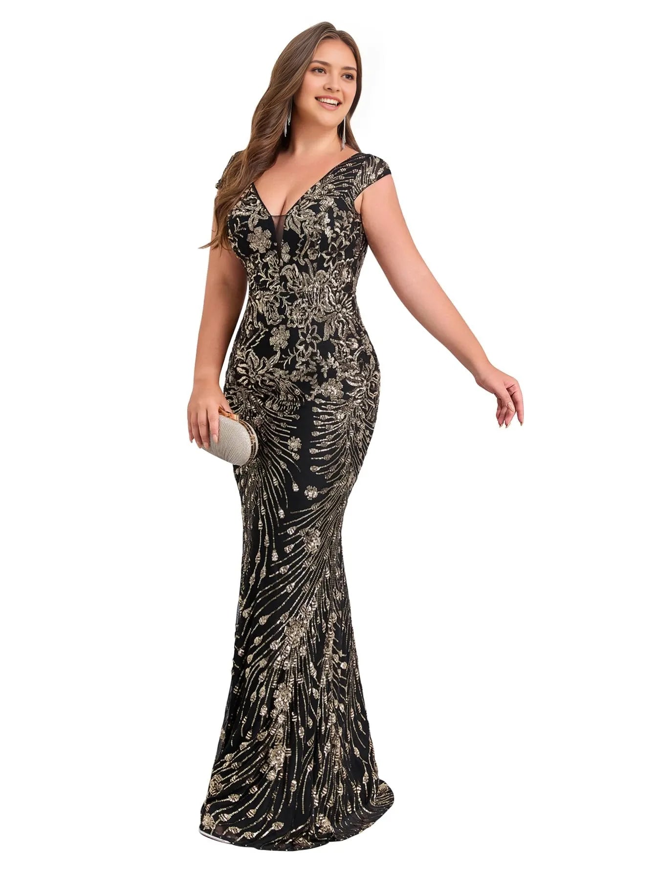 Elegant Mermaid Deep V-Neck Cap Sleeve Sequin Maxi Evening Dress