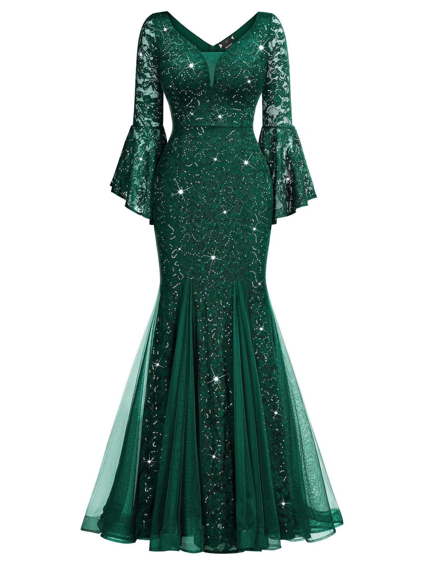 Elegant Mermaid Deep V-Neck Flared Sleeve Lace Sequin Tulle Floor-Length Evening Dress
