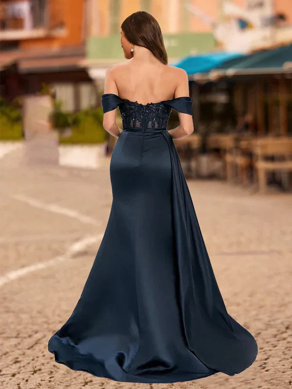 Elegant Mermaid Off-Shoulder Open-Back Lace-Navy Satin Floor-Length Prom Dresses