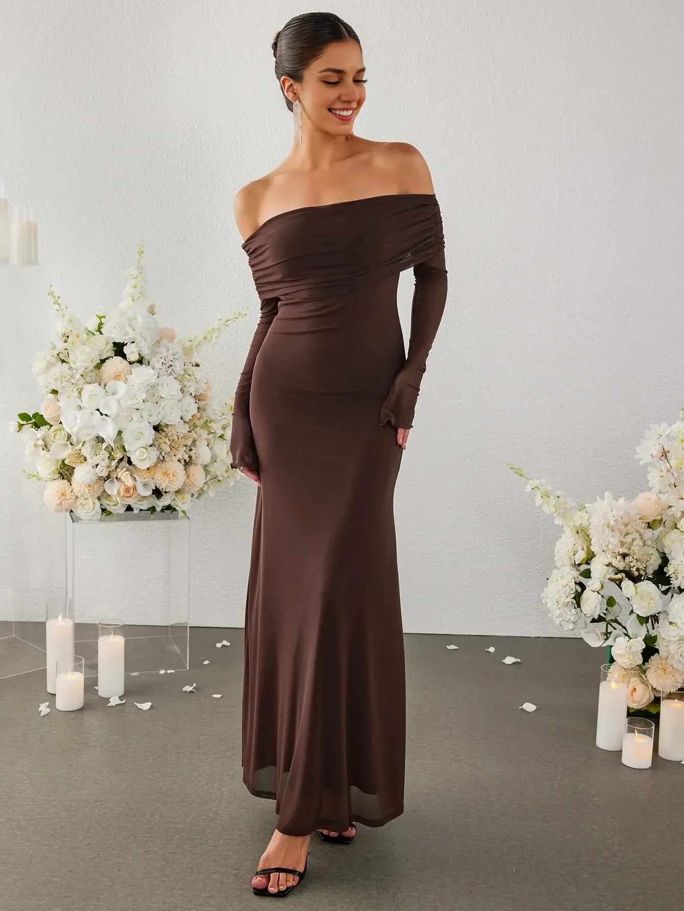 Elegant Mermaid Off-Shoulder Ruched Long-Sleeve Maxi Evening Dress