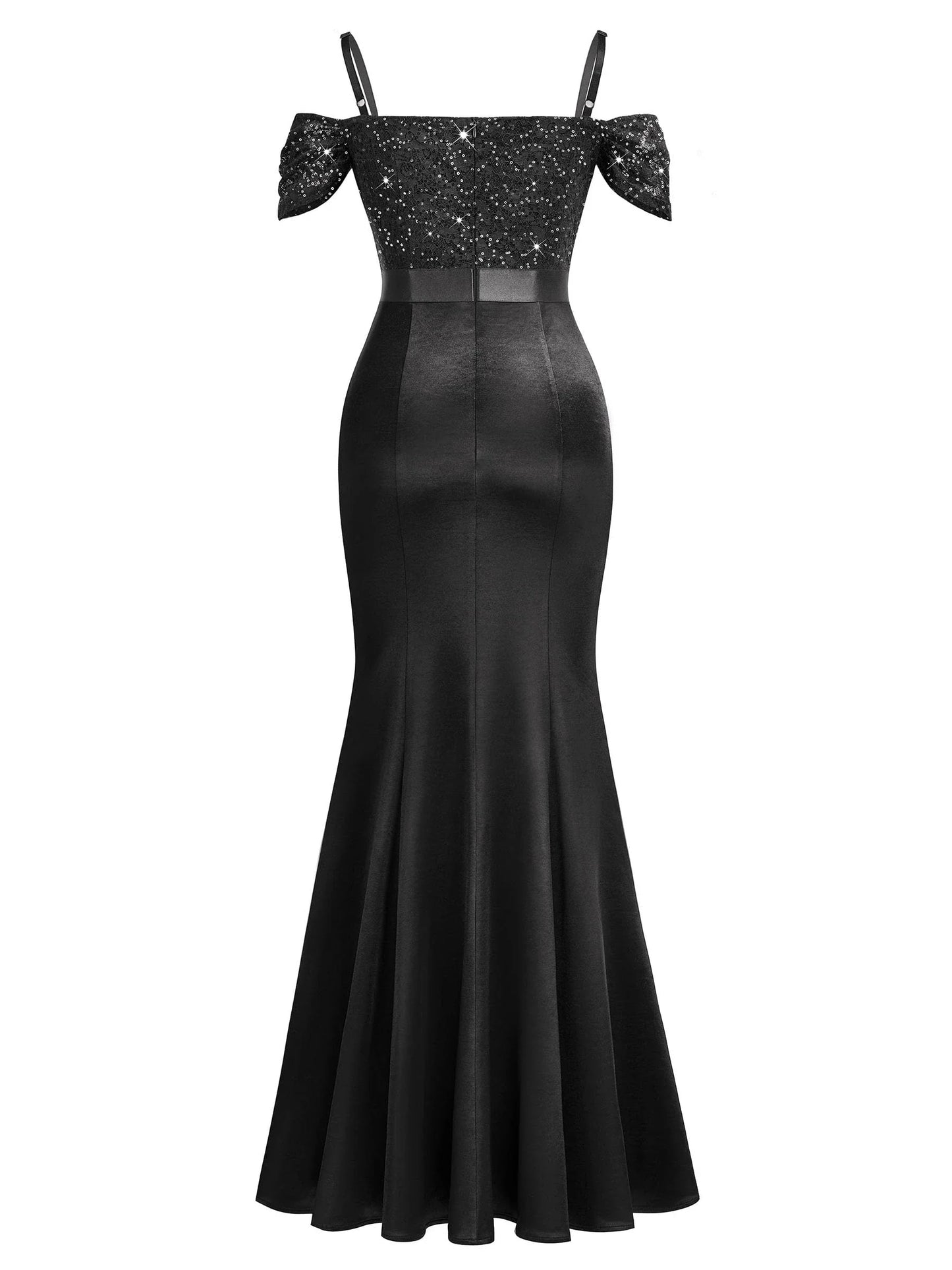 Elegant Mermaid Off-Shoulder Back Zip Sleeveless Sequin Lace Satin Floor-Length Evening Dress