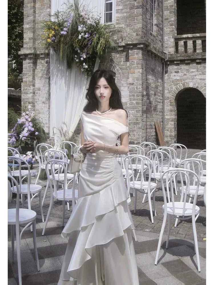 Elegant Mermaid Off Shoulder Sleeveless Plain Back Floor-Length Bridal Wedding Dress