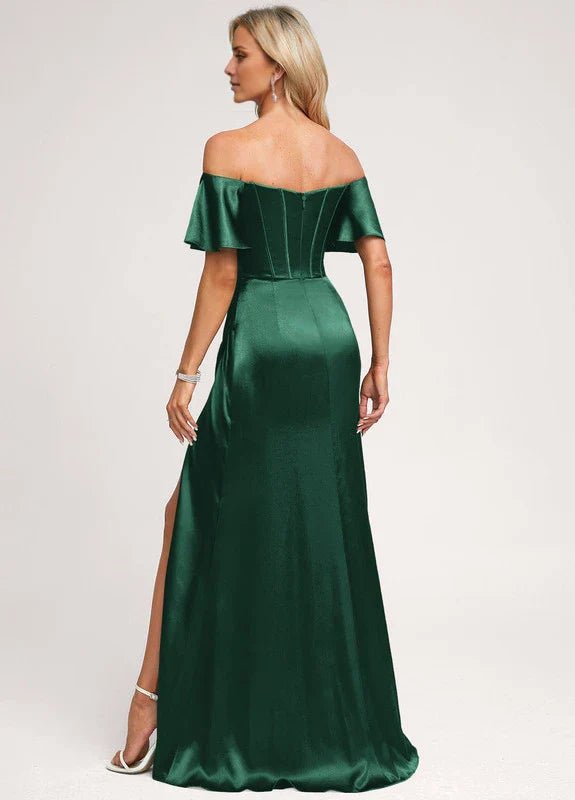 Elegant Mermaid Off-Shoulder Sweetheart Neck Flutter Sleeve High-Slit Satin Maxi Evening Dress