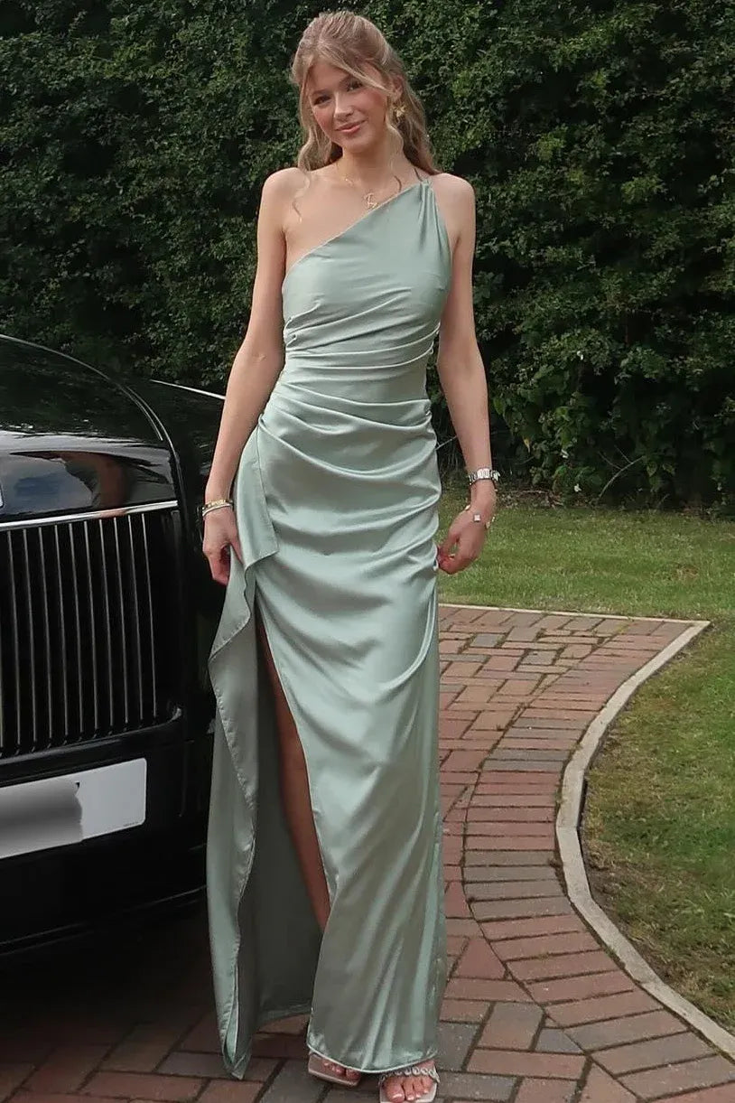 Elegant Mermaid One-Shoulder Ruched High Slit Backless Satin Maxi Dress