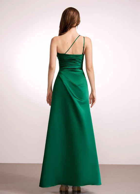 Elegant Mermaid One-Shoulder Satin Ruched High-Slit Maxi Evening Dress