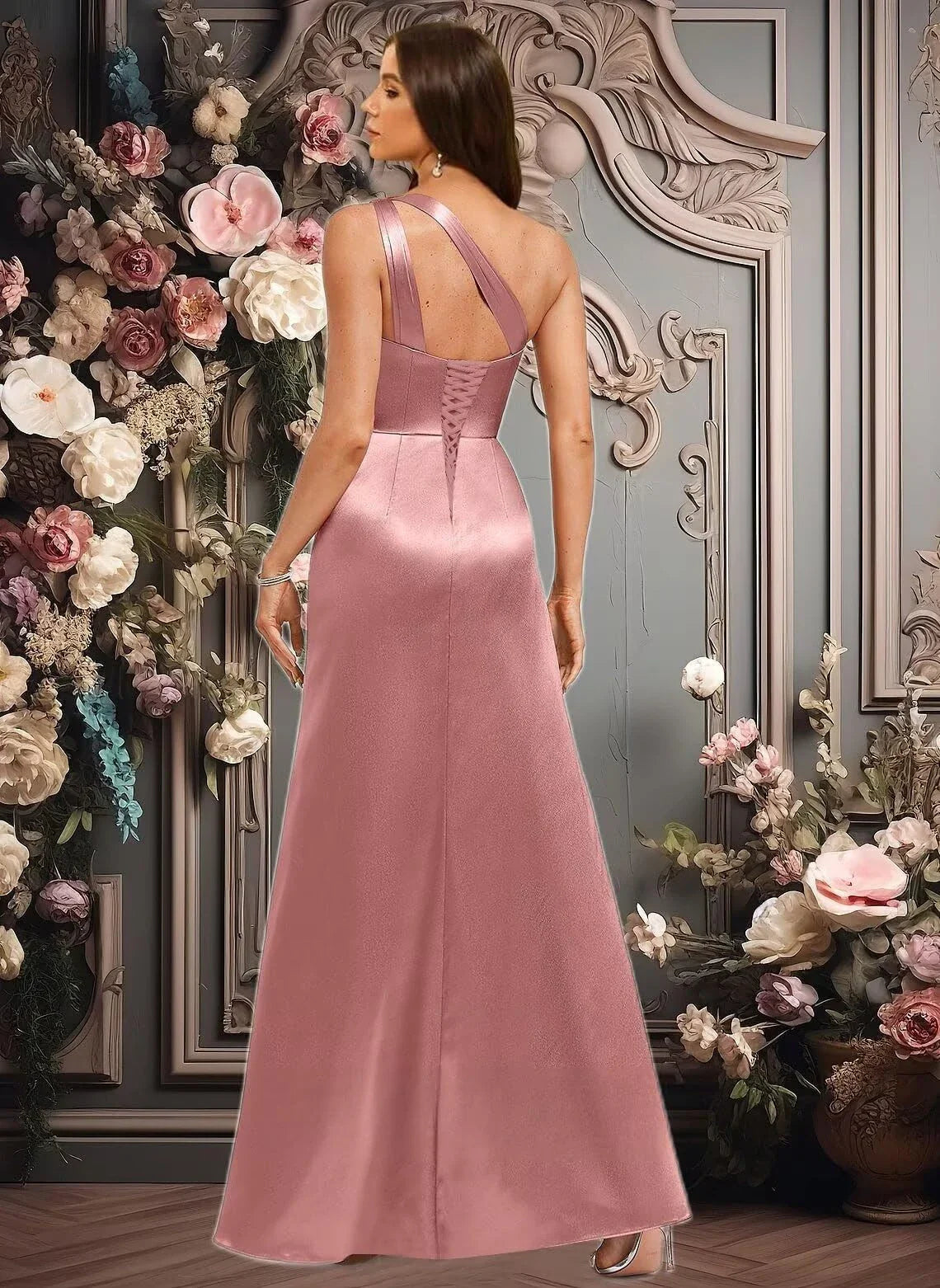 Elegant Mermaid One-Shoulder Sleeveless Crisscross-Lace-Up-Back High-Slit Maxi Evening Dress