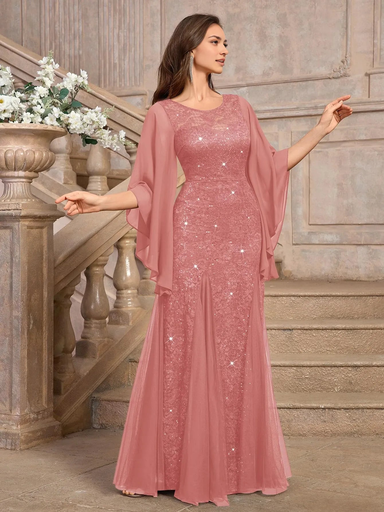 Elegant Mermaid Round Neck Flowy Sleeve Back Zip Lace Sequin Tulle Floor-Length Evening Dress