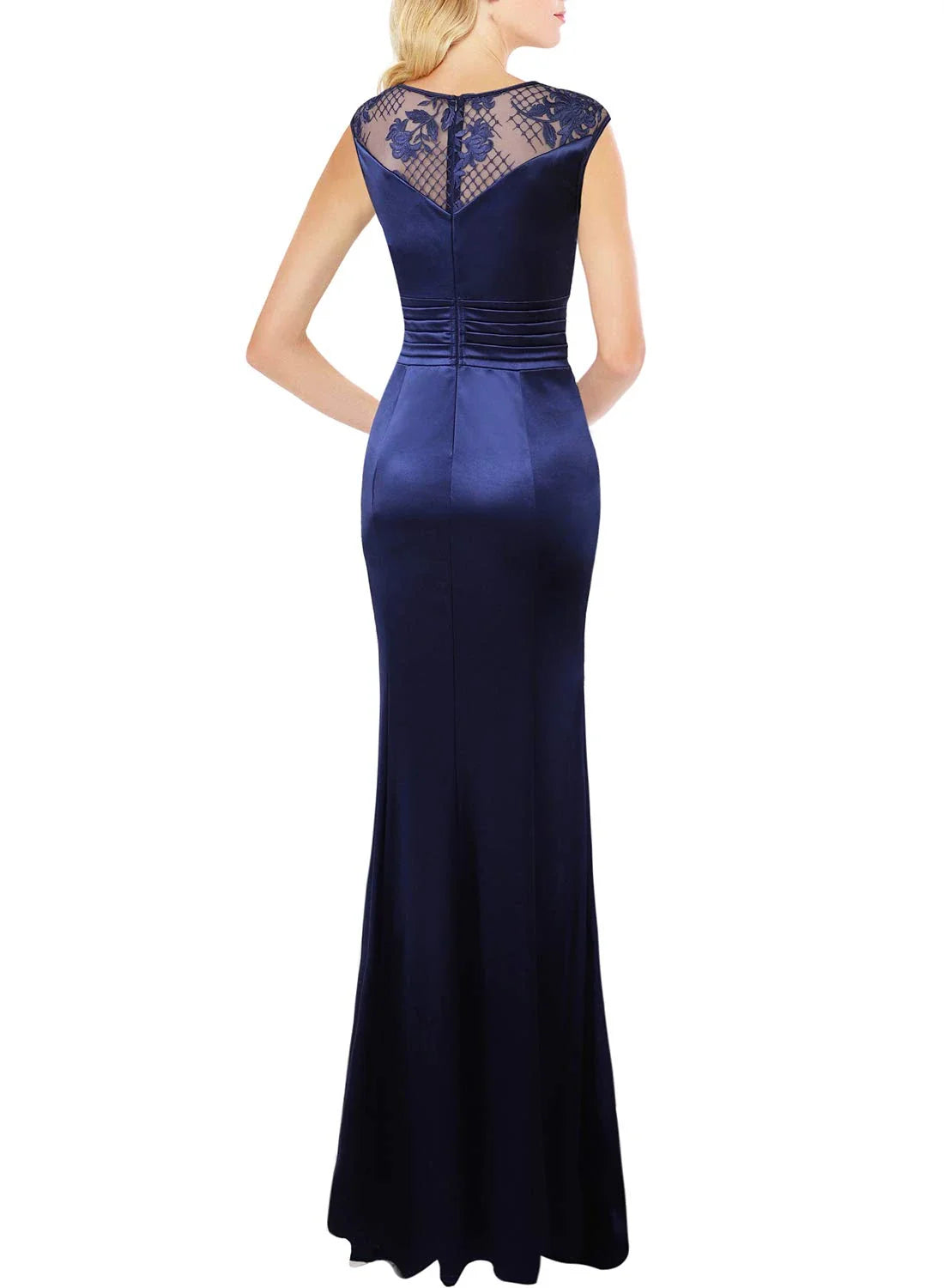 Elegant Mermaid Round Neck Lace Satin Ruffle High-Slit Maxi Evening Dress