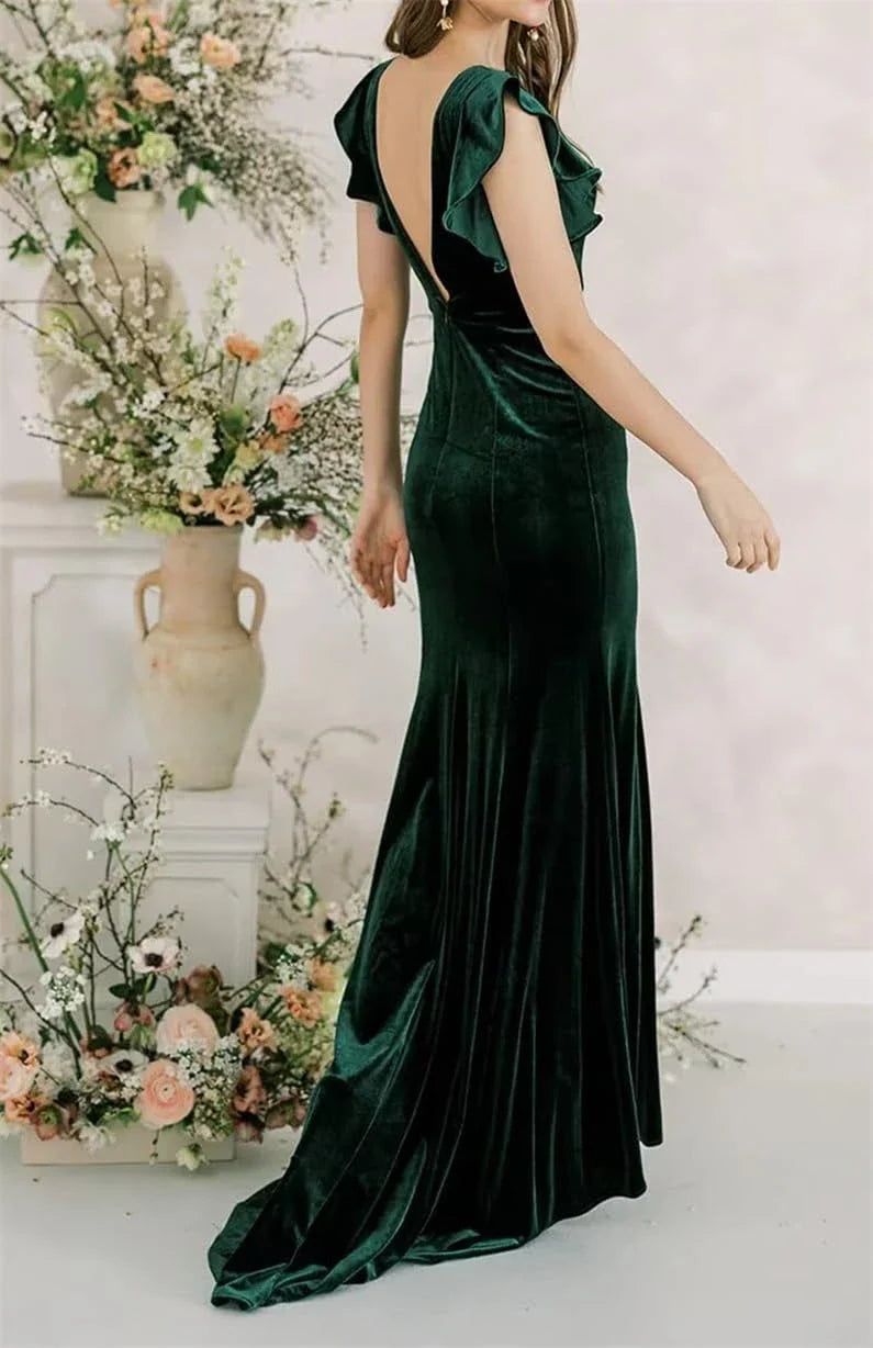 Elegant Mermaid Round-Neck Ruffle-Sleeve Open-Back Maxi Evening Dress