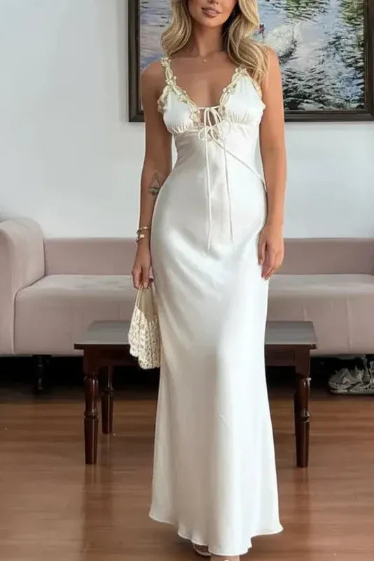 Elegant Mermaid Spaghetti Strap V-Neck Lace Trim Tie Detail Satin Maxi Dress