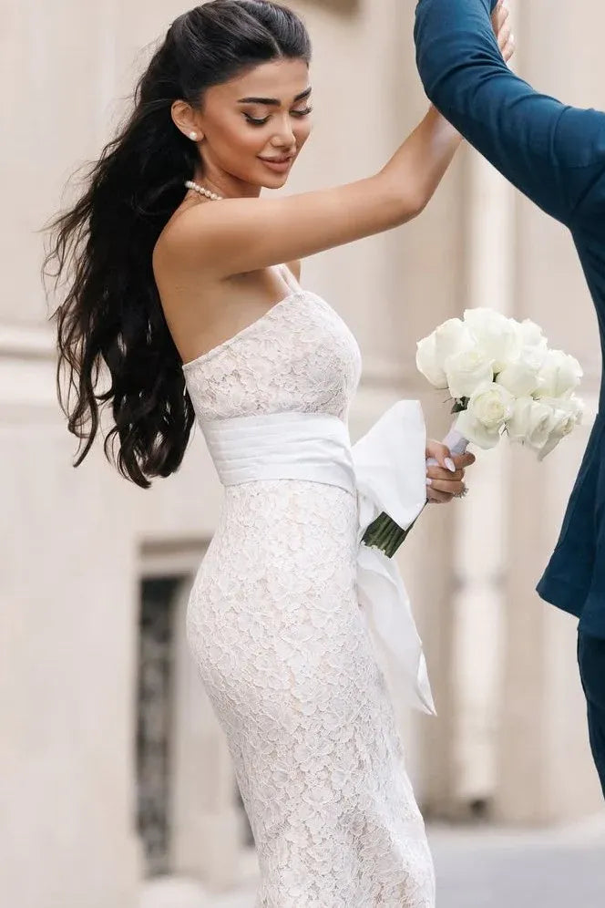 Elegant Mermaid Strapless Lace Applique Sash Detail Satin Evening Maxi Dress