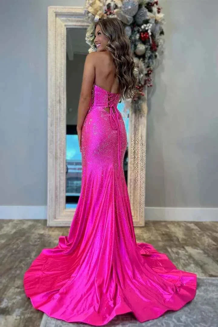 Elegant Mermaid Strapless Sequin-Cutout-Bodice Crisscross-Lace-Up-Back High-Slit Train Maxi Evening Dress