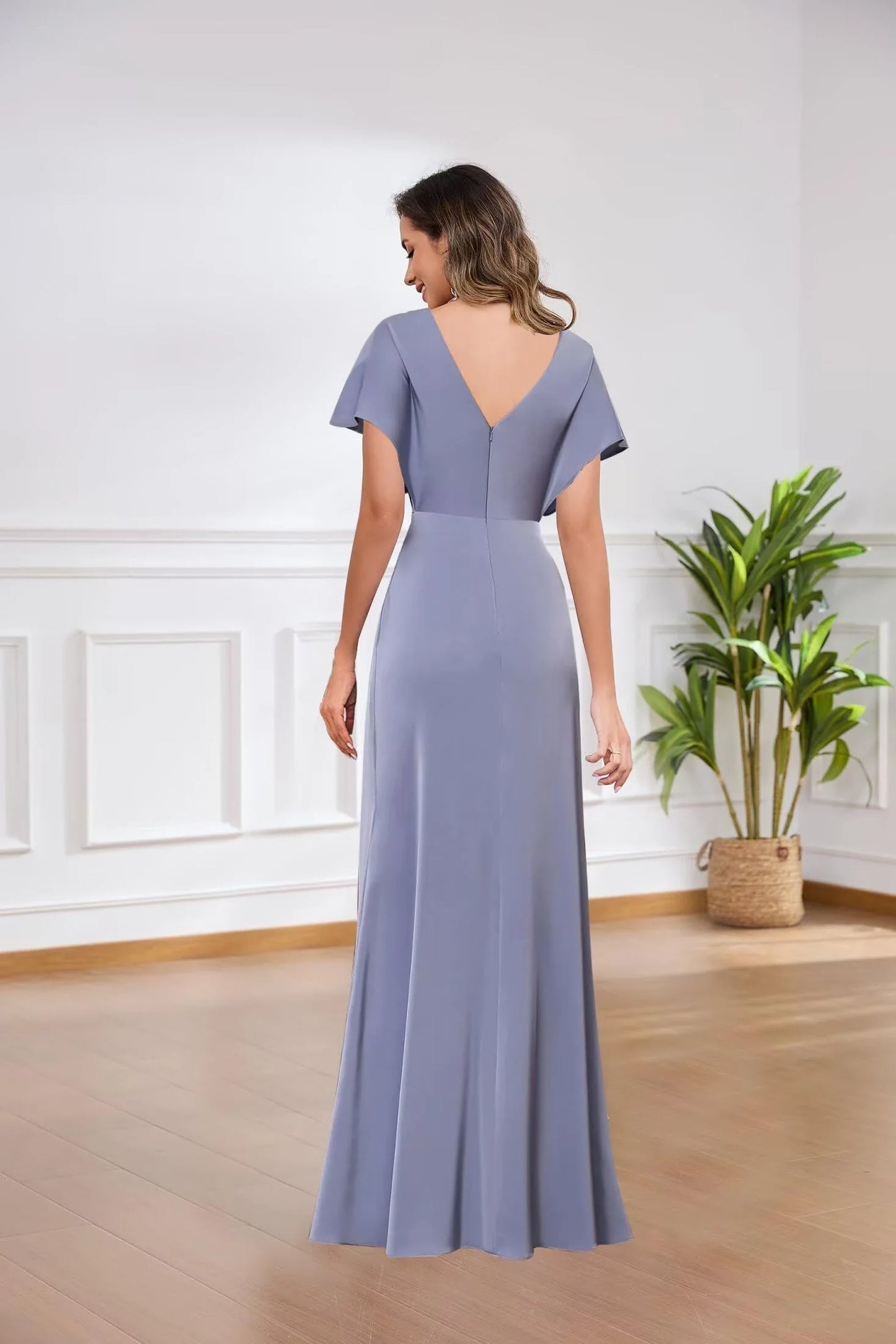 Elegant Mermaid V - Neck Batwing Short Sleeve V - Back Floor - Length Evening Dress