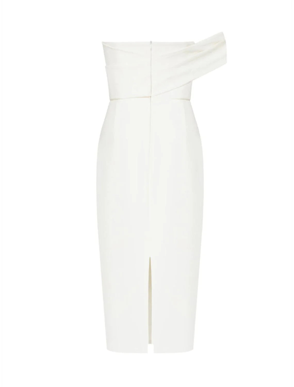 Close-up of the one-shoulder neckline and fitted bodice of the elegant dress.