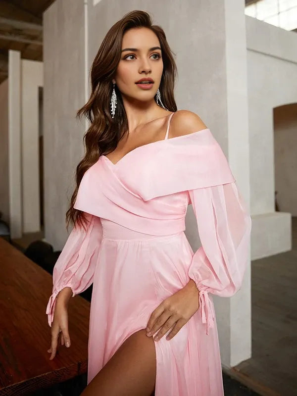 Elegant Off-Shoulder Lantern Sleeve High-Slit Floor-Length Chiffon Evening Dress