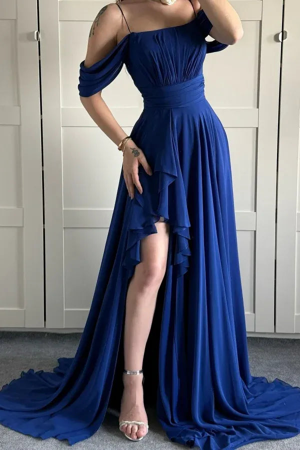 Elegant Off-the-Shoulder Cold Shoulder Ruffle High Slit Chiffon A-Line Maxi Dress with Train