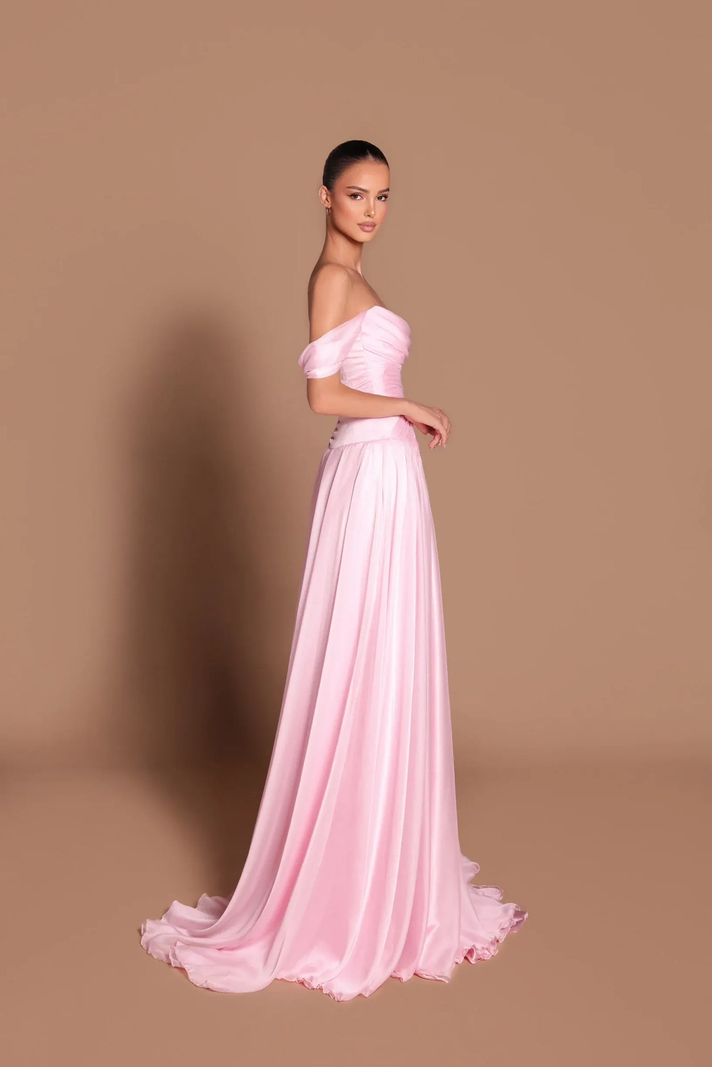 Elegant Off-the-Shoulder Ruched Satin A-Line Maxi Dress with Train