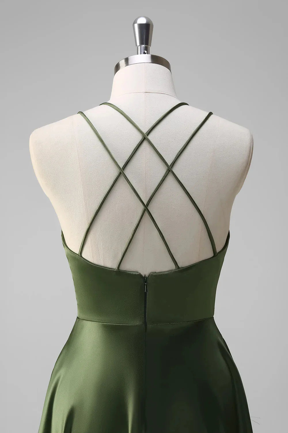 Elegant Olive Green Satin Deep V-Neck Crisscross Back Maxi Evening Dress