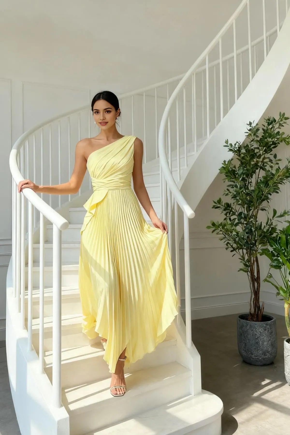 Elegant One-Shoulder Ruched Asymmetrical Pleated Maxi Evening Dress