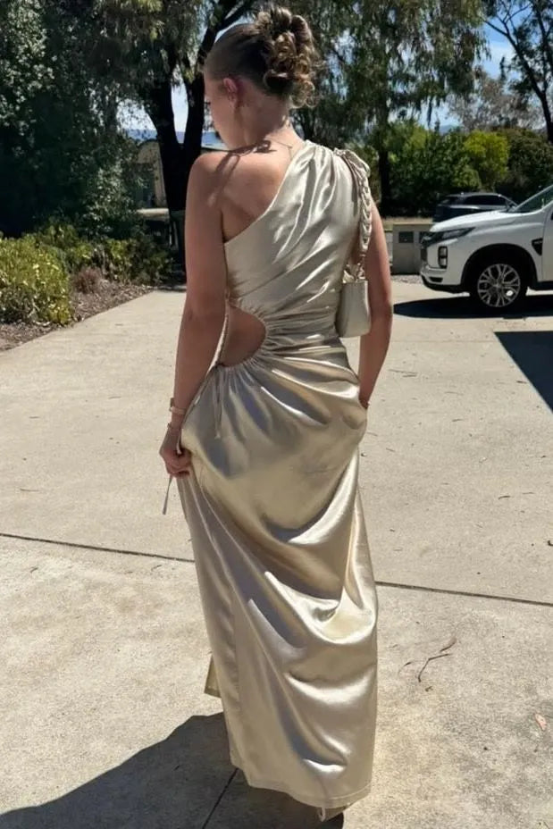 Elegant One-Shoulder Satin Formal Dress With Cutout Back