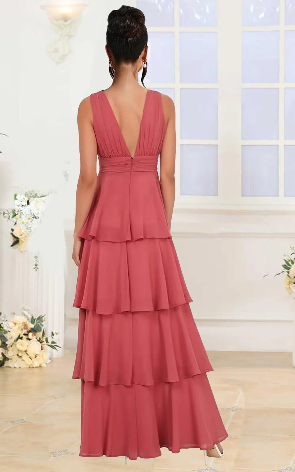 Elegant Plunge Neck Tiered Ruffle Maxi Evening Dress