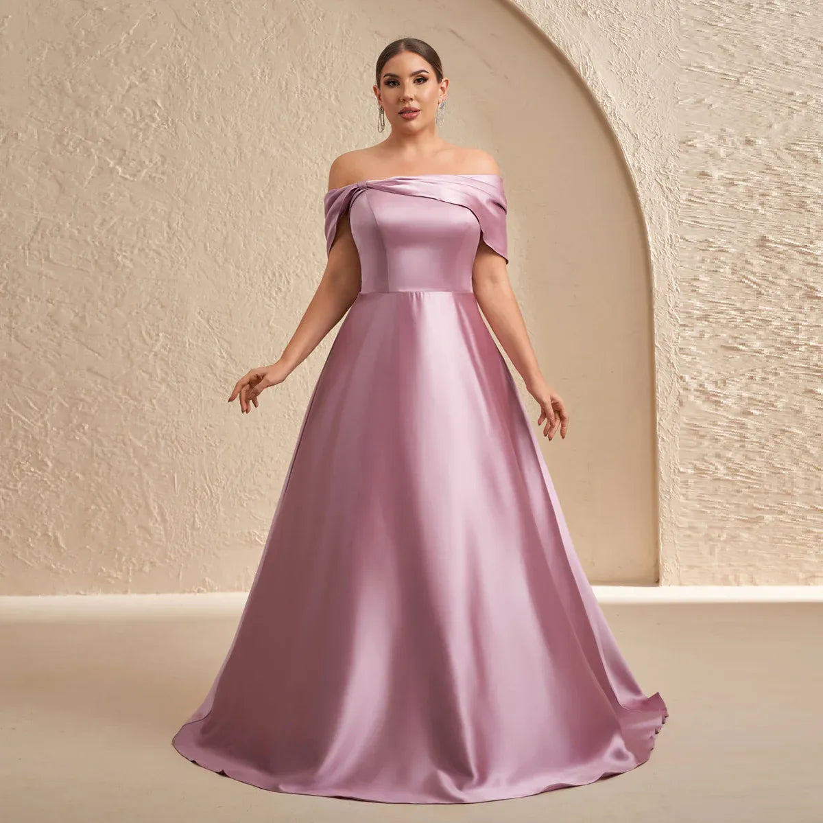 Elegant Plus Size A-Line Off-The-Shoulder Short Sleeve Draped Satin Evening Dress With Train