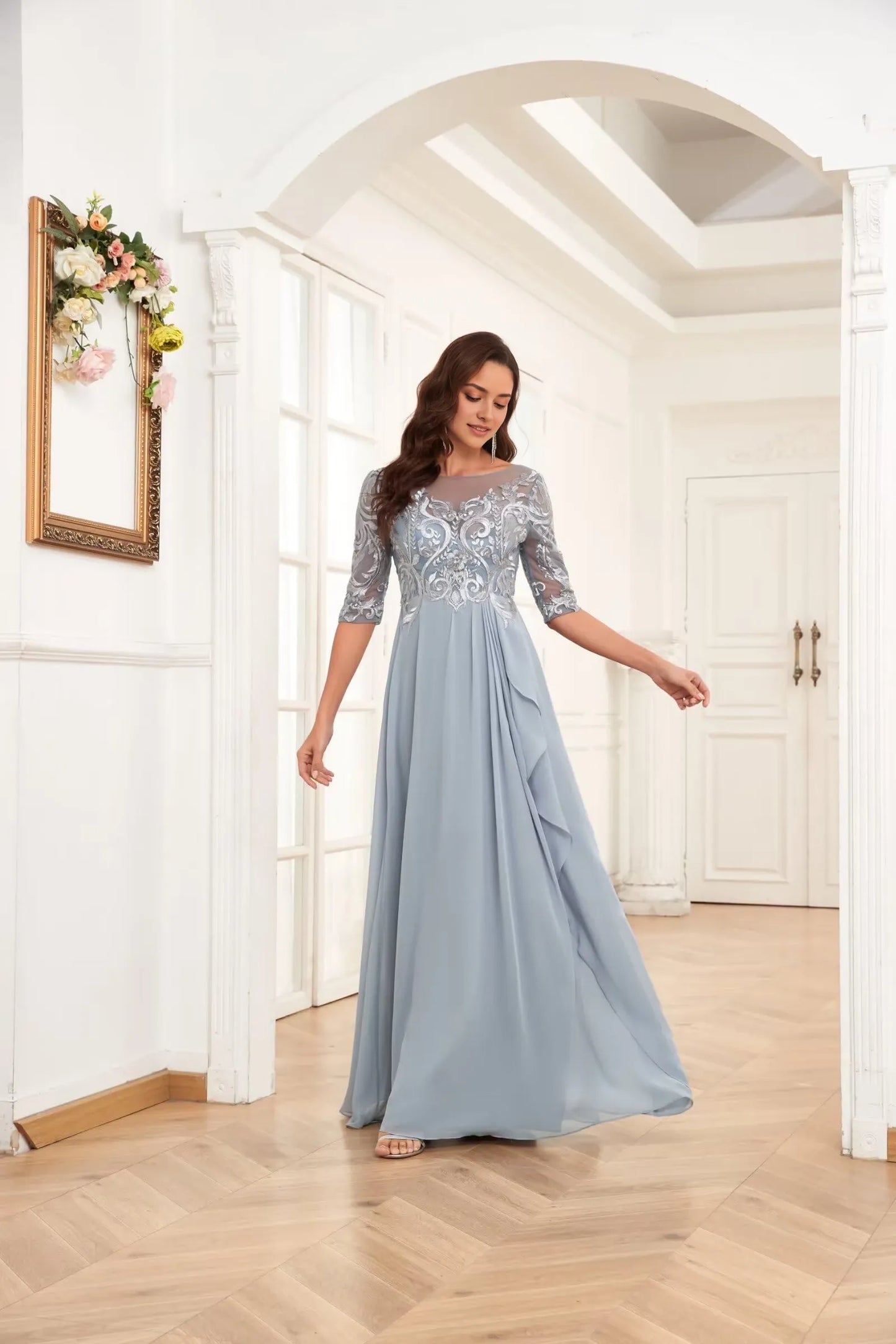 Elegant Round Neck Half Sleeve Lace Embroidered Open Back Lace-Up Chiffon Ruffle Maxi Mother Of The Bride Dresses