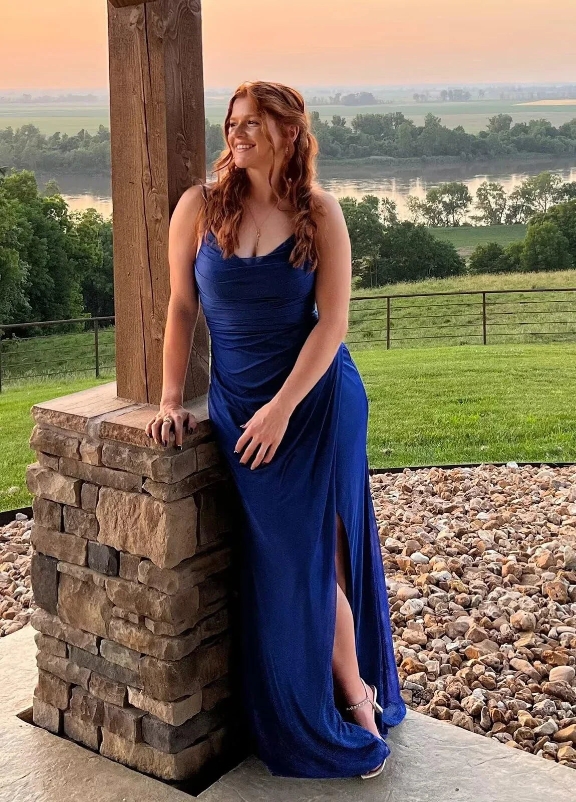 Elegant Ruched Spaghetti Strap High-Slit Maxi Evening Dress