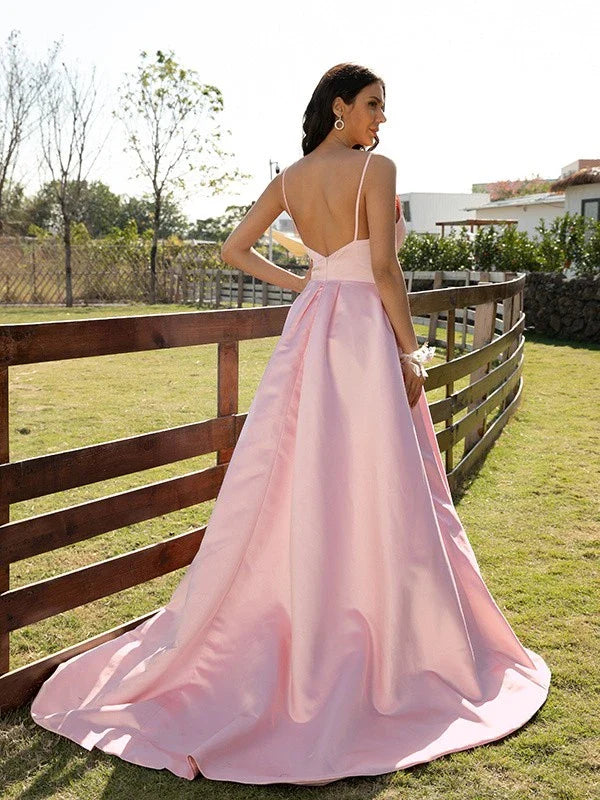 Elegant Satin Deep V-Neck Spaghetti Strap Open Back Floor-Length Evening Dress