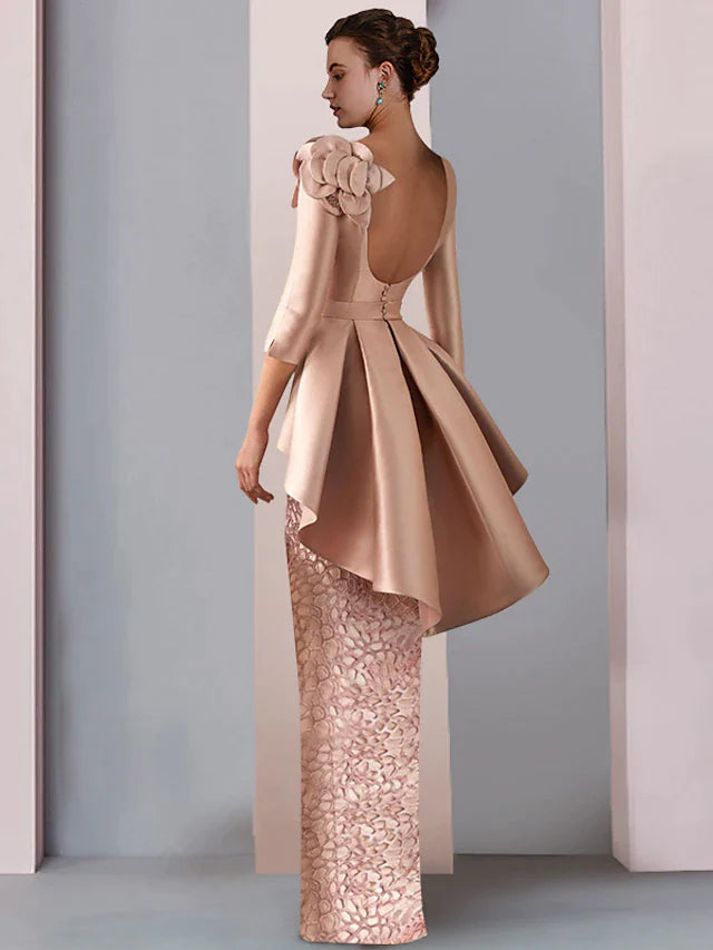 Side view of the Sheath Column Mother of the Bride dress, highlighting cascading ruffles and floral appliques.