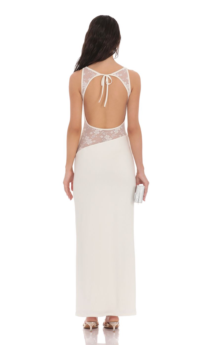 Elegant Sheath Crew-Neck Sleeveless Cut-Out-Back Ivory Lace-Satin Floor-Length Prom Dresses