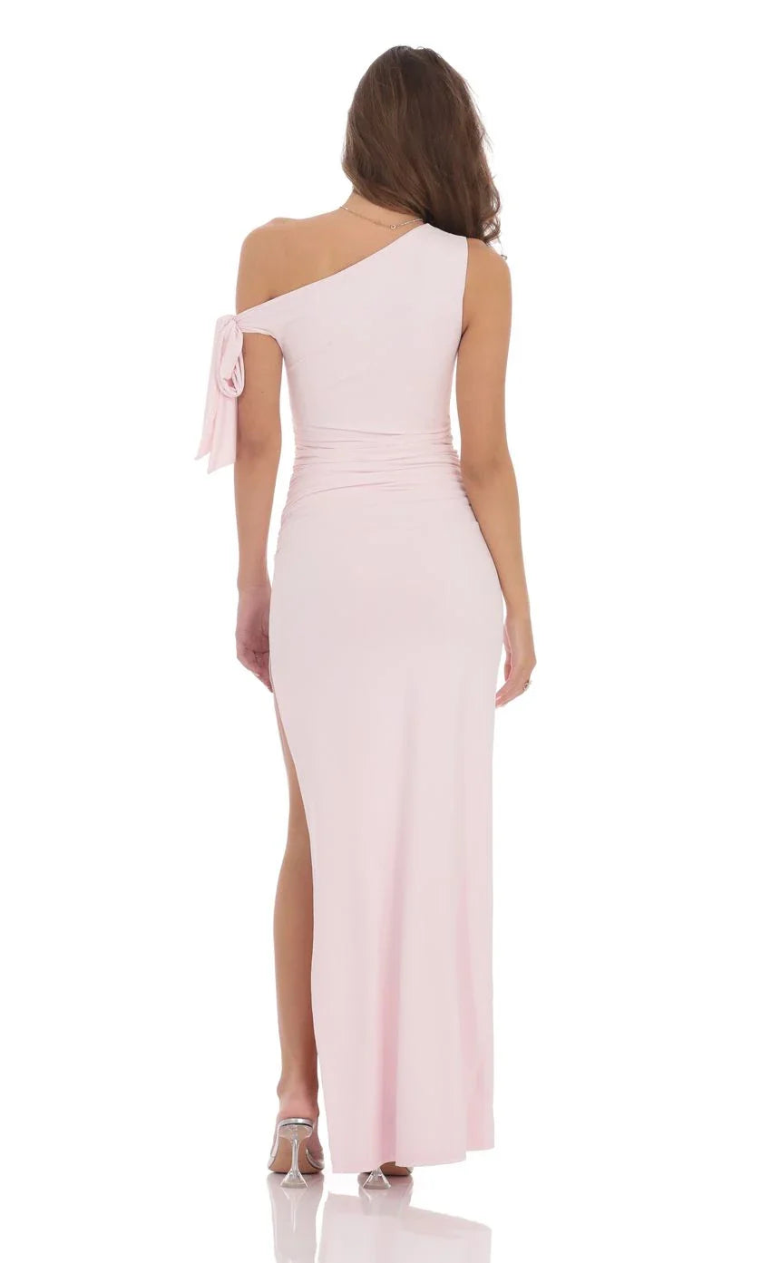 Elegant Sheath One-Shoulder Bow-Accent Ruched Floor-Length Prom Dresses