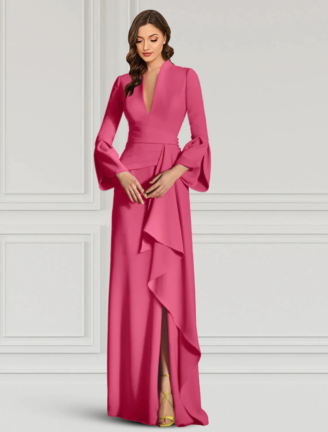 Full-length view of a woman in a black evening gown, emphasizing its formal style.