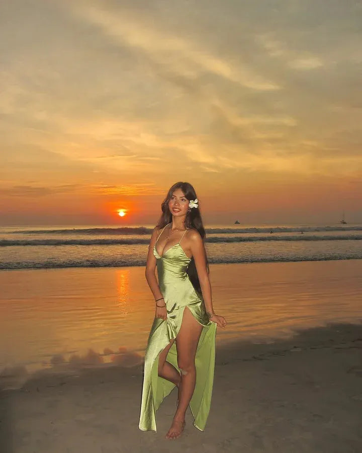 Elegant Spaghetti Strap Backless Lace-Up High Slit Satin Maxi Dress