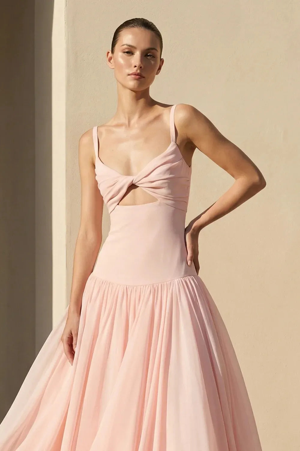 Elegant Spaghetti Strap Cutout Pleated Chiffon Maxi Dress