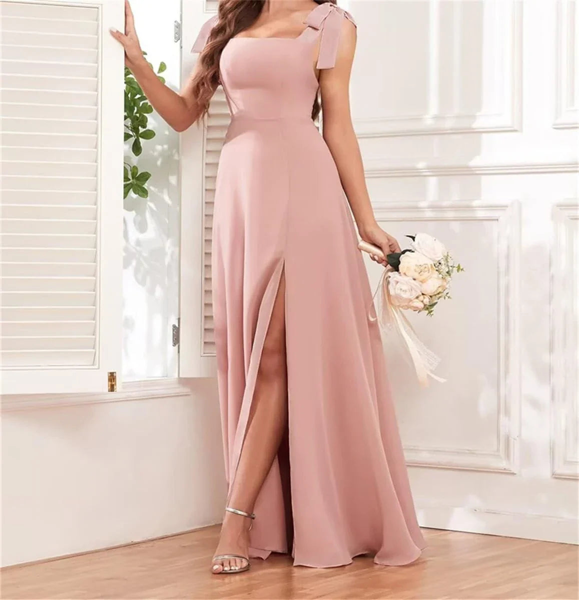 Elegant Square Neck Bow-Strap High-Slit Chiffon Maxi Evening Dress with Crisscross Back