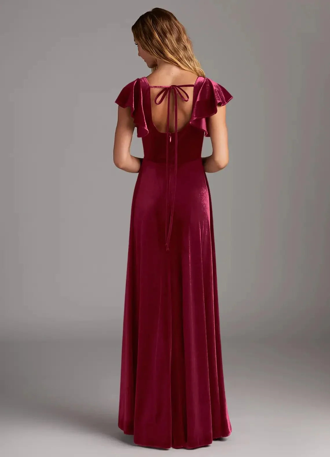 Elegant Square Neck Ruffle-Sleeve High-Slit Velvet Maxi Evening Dress with Bow-Back