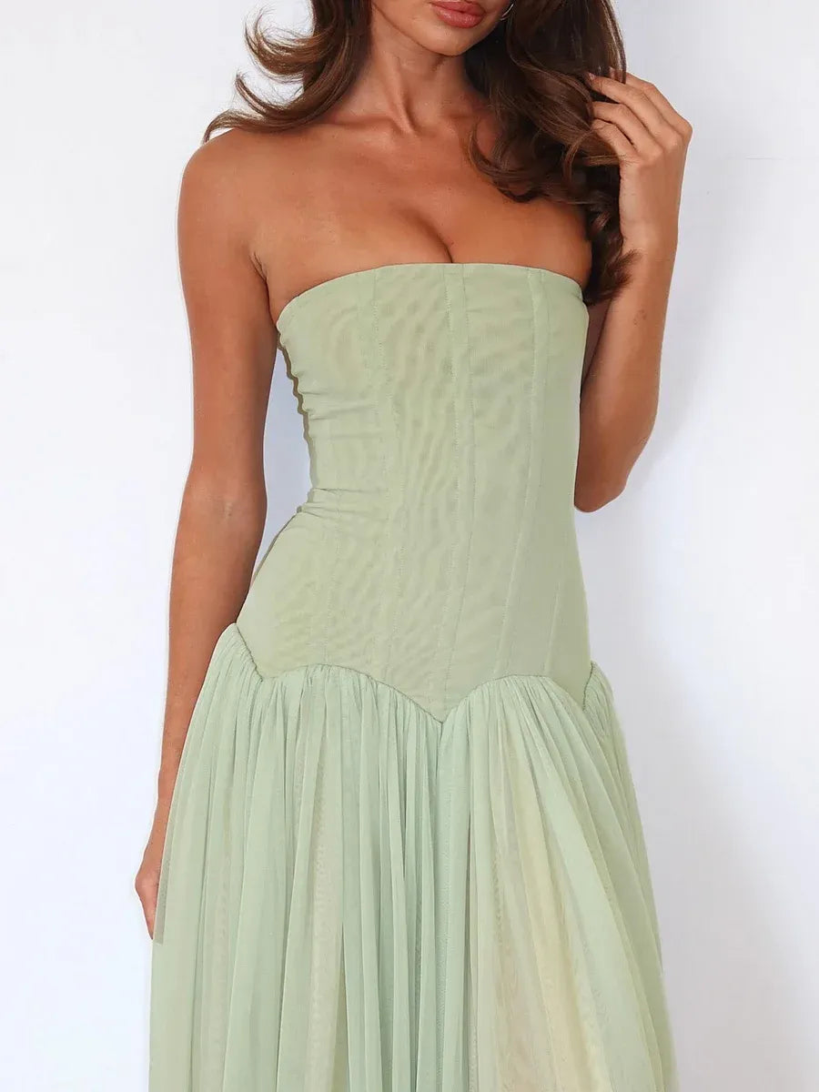 Elegant Strapless Corset Tulle A-Line Maxi Dress