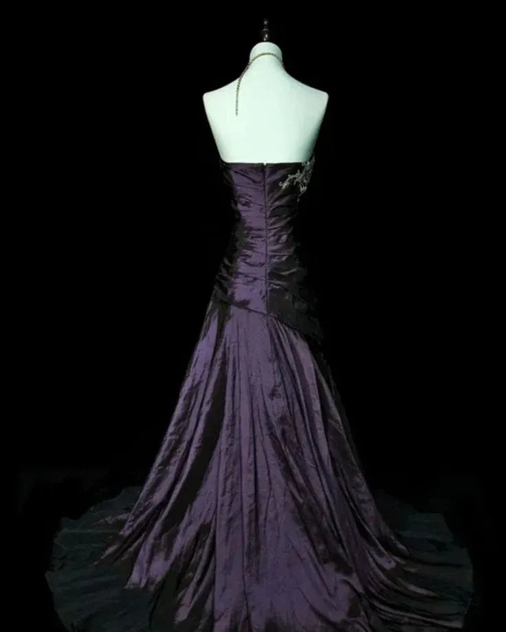 Elegant Strapless Ruched Beaded Satin Mermaid Maxi Dress with Train