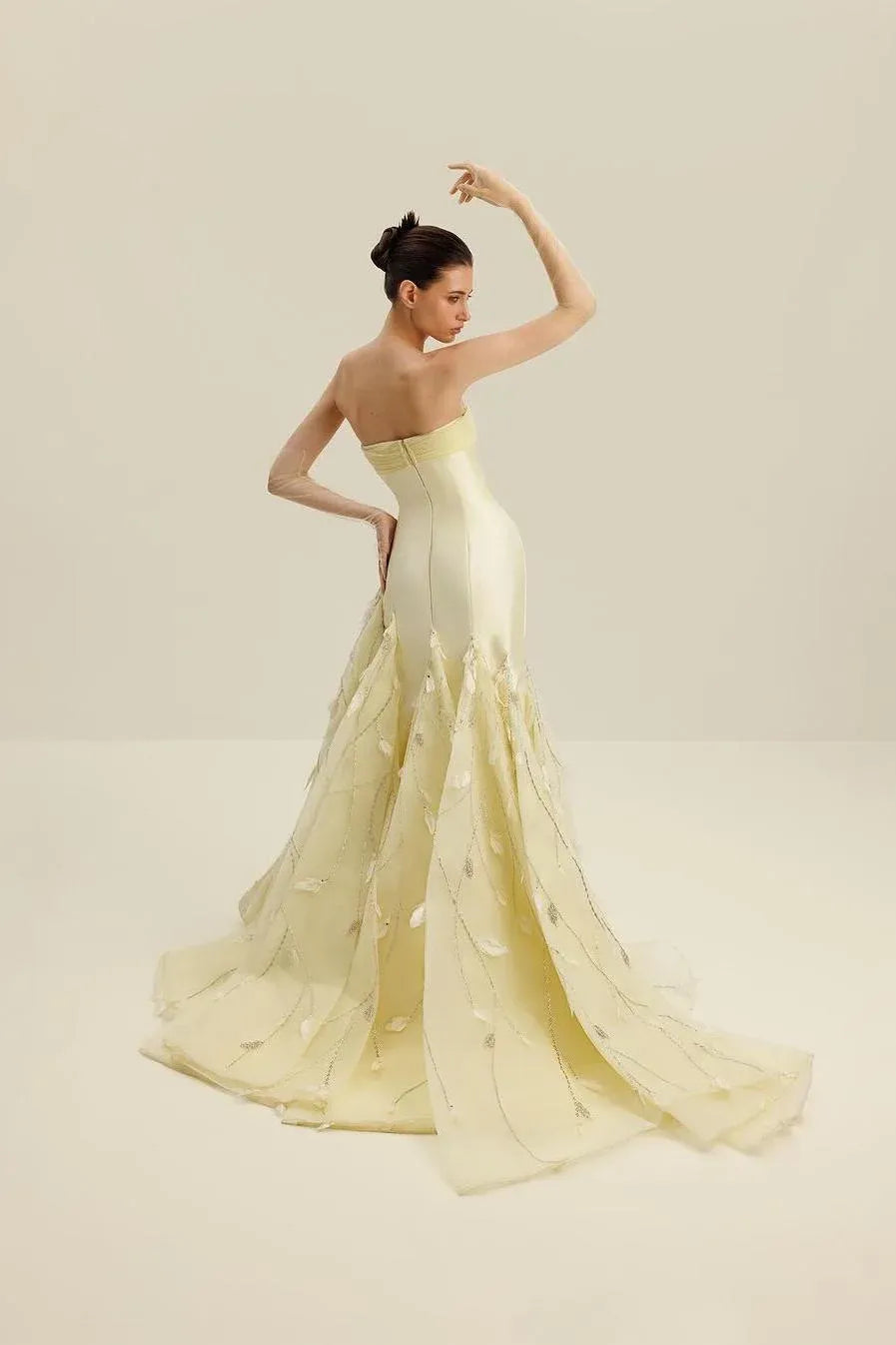Elegant Strapless Satin Feather Applique Beaded Mermaid Maxi Dress with Train
