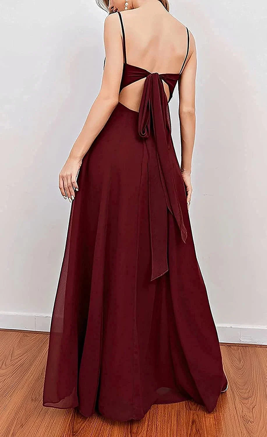 Elegant Sweetheart Neck Spaghetti Strap High-Slit Chiffon Maxi Evening Dress with Bow-Back