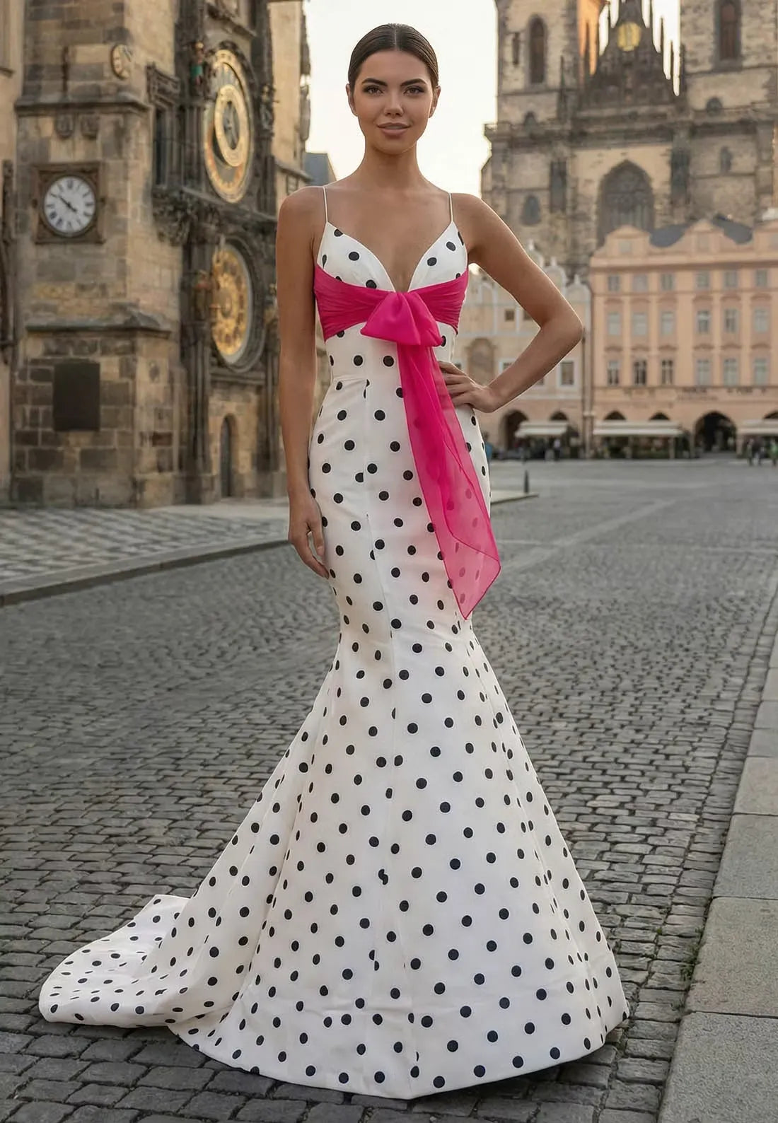 Full-length view of the white polka dot mermaid prom dress, showcasing the fitted silhouette.