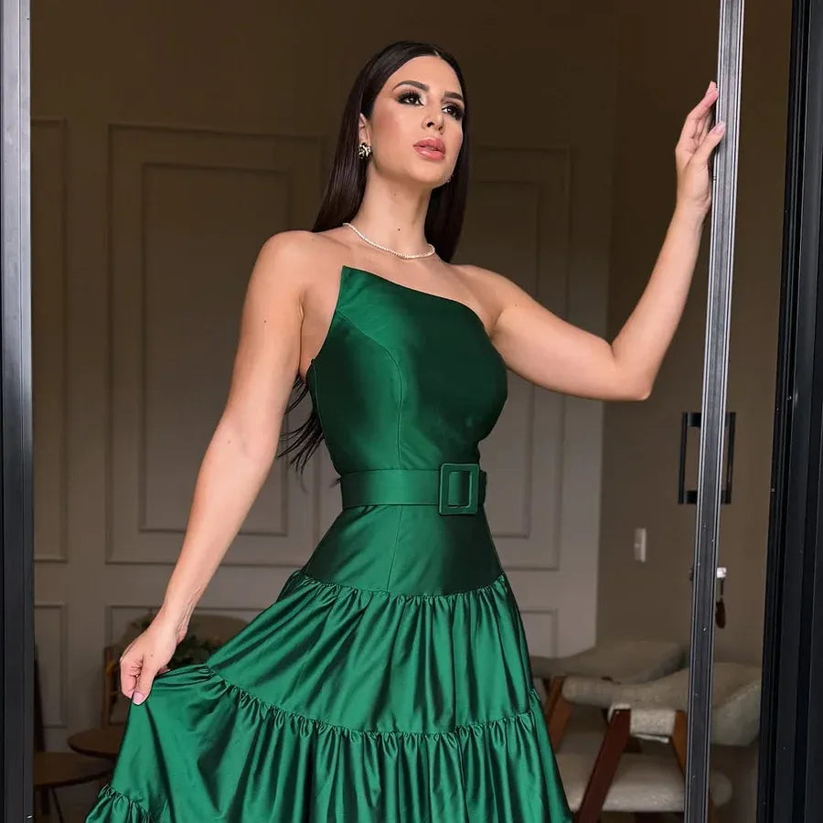 Elegant A-Line Asymmetric Strapless Sleeveless Lace Up Floor-Length Prom Dress
