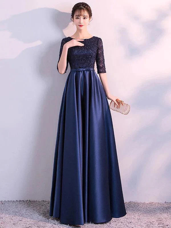 Elegant A-Line Boat Neck Half Sleeve Sequin Navy Evening Dress
