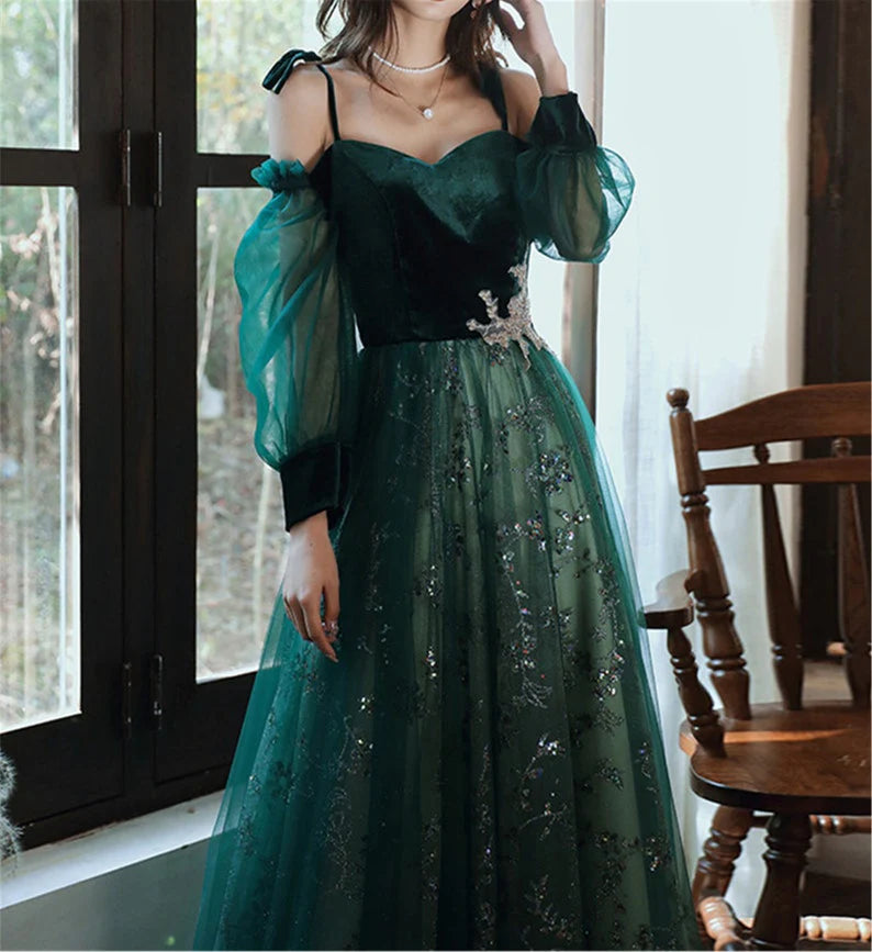 Elegant A-Line Cold Shoulder Long Sleeve Lace Up Floor-Length Prom Dress