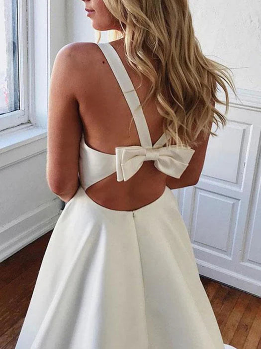 Elegant A-Line Deep V Bow White Floor-Length Prom Dress