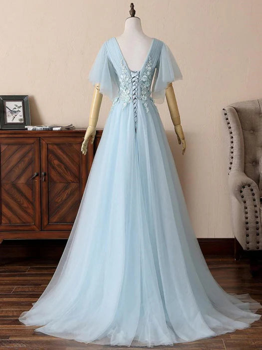 Elegant A-Line Deep V Short Sleeve Lace Sky Blue Floor-Length Prom Dress